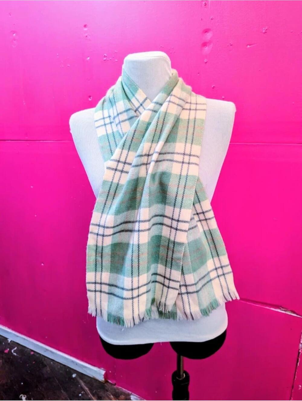 SOLD Vintage 70s Betmar Light Green Plaid Wool Scarf
